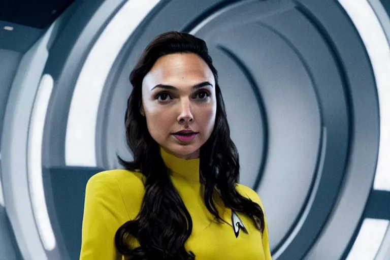 Image similar to Gal Gadot, wearing a yellow uniform, is the captain of the starship Enterprise in the new Star Trek movie