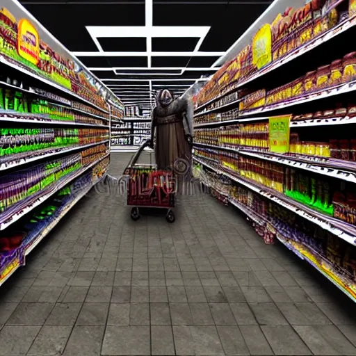 Image similar to Orc's in a dark scary supermarket in Mordor, very wide shot, shelves are full of arcane wares, tinctures, mouldy vegetables, dark coloured toiletries and animal body parts. Sauron is working on each checkout. 8k render