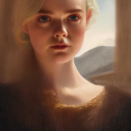 Prompt: Elle Fanning in Santorini in the world of Rembrandt, head and shoulders portrait, stormy weather, extremely detailed masterpiece, oil on canvas, low-key neon lighting, artstation, Blade Runner 2049, Roger Deakin’s cinematography, by J. C. Leyendecker and Peter Paul Rubens and Edward Hopper and Michael Sowa,