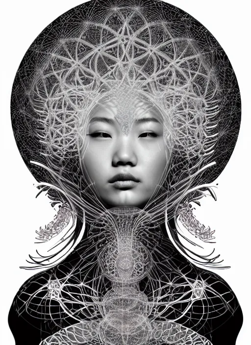 Image similar to ridiculously beautiful young asian woman tripping, caduceus fractals radiating from head with sacred geometry, cosmic, natural, awakening, symmetrical, in the style of ernst haeckel, effervescent, warm, photo realistic, epic and cinematic