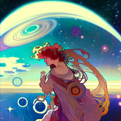 Image similar to highly detailed digital of colorful nebulas, planets in the background, highly detailed, intricate design, cinematic view, 8 k resolution, artstation by alphonse mucha, moebius, krenz cushart