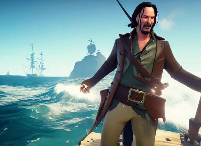 Prompt: Keanu reeves in the role of pirate in the Sea of Thieves, on the ship in the sea, At the helm, game screenshot, octave render, epic light