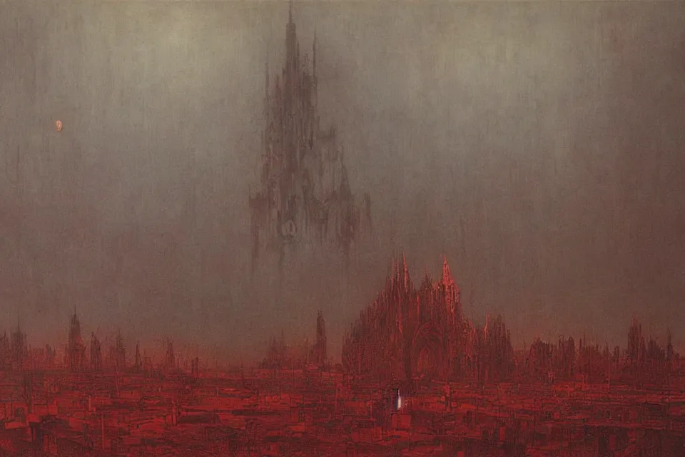 Prompt: painting of an colossal ominous morbid cathedral occupying most of the painting, under a reddish sky, high level of details, by Beksinski,