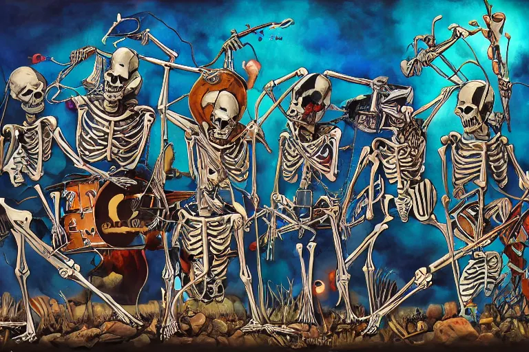 Prompt: skeleton rock band live at coachella, art by danny flynn and simon bisley, trending on artstation, halfrear, oil and canvas, very very intricate, post - modernism