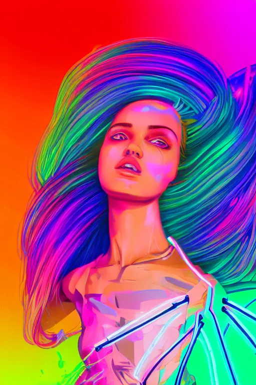 Image similar to a award winning half body portrait of a beautiful woman with stunning eyes in a croptop and cargo pants with rainbow colored ombre hairstyle head in motion and hair flying by thomas danthony, surrounded by whirling illuminated neon lines, outrun, vaporware, shaded flat illustration, digital art, trending on artstation, highly detailed, fine detail, intricate