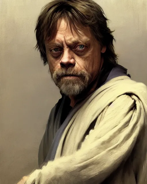 Image similar to mark hamill as a grizzled emanciated drunk jedi knight. fantasy science fiction art by greg rutkowski, gustave courbet, rosa bonheur, edward hopper. faithfully depicted facial expression, perfect anatomy, sharp focus, global illumination, radiant light, detailed and intricate environment, trending on artstation