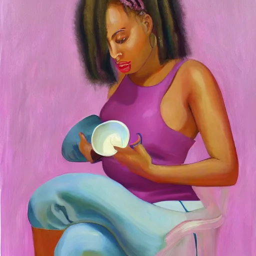 Image similar to Portrait of Doja Cat holding a spoon in her hand, painting of