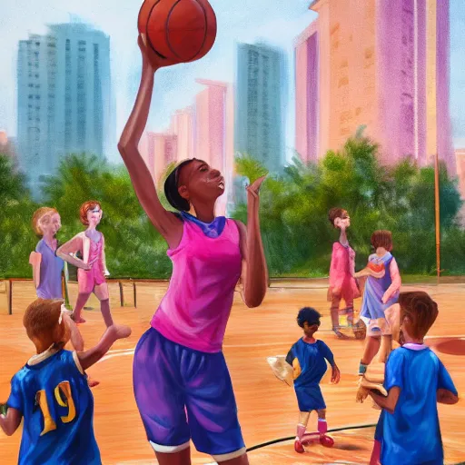 Image similar to tall woman wearing a blue jacket and pink shorts playing basketball against a group of kindergarteners, complete detailed body, city in background, moody atmosphere, digital art, highly detailed, high contrast, beautiful lighting, award winning, trending on art station, photorealistic, 8 k,