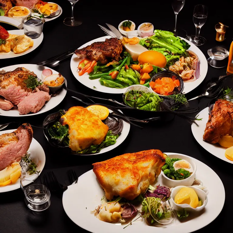 Prompt: close - up focused dslr photograph of an new zealand dinner, 8 k, high detail, volumetric lighting, hyperrealism, aesthetically pleasing, studio lighting, trending