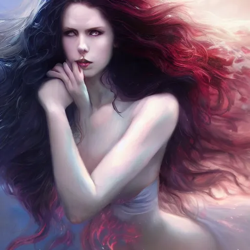 Image similar to a portrait of a ice queen with long dark curly hair and red eyes, stoic, pale skin, alone dramatic, epic painting, painted by artgerm and wlop, cgsociety, beautiful, artbreeder, artstation, octane render, sharpness, 8 k, golden ratio