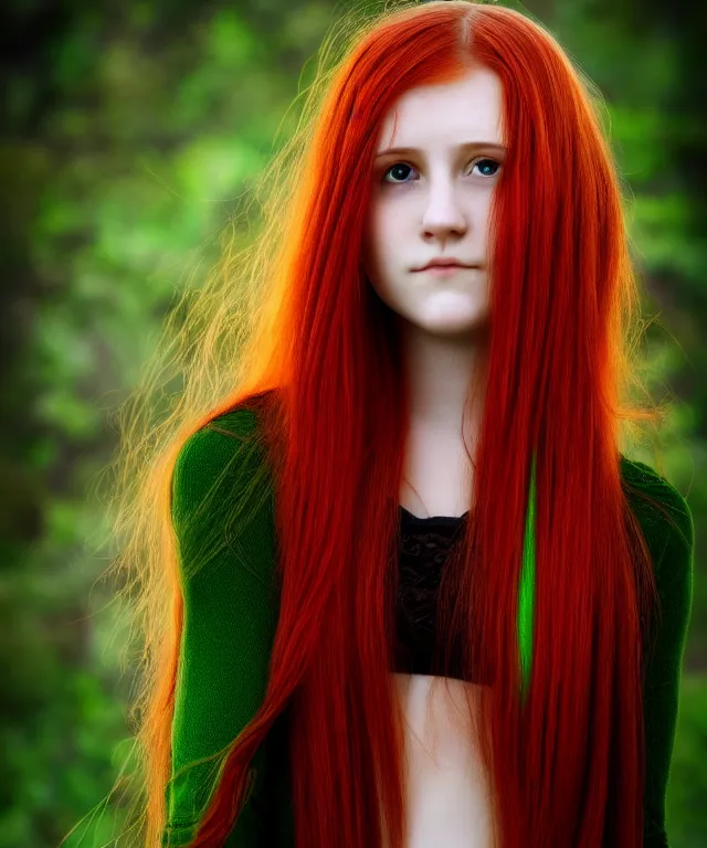 Prompt: Fae teenage girl, portrait, long red hair, green highlights