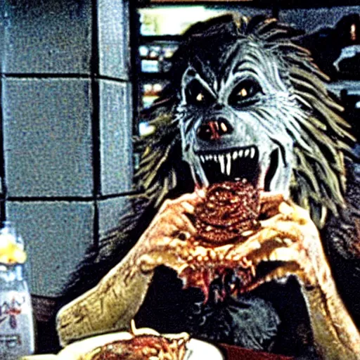 Image similar to film still of a funny looking werewolf with his hand extended, looking at food, in an american werewolf in london