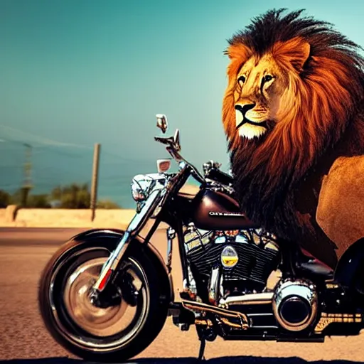 Prompt: a cool lion on a Harley Davidson on the road, cinematic