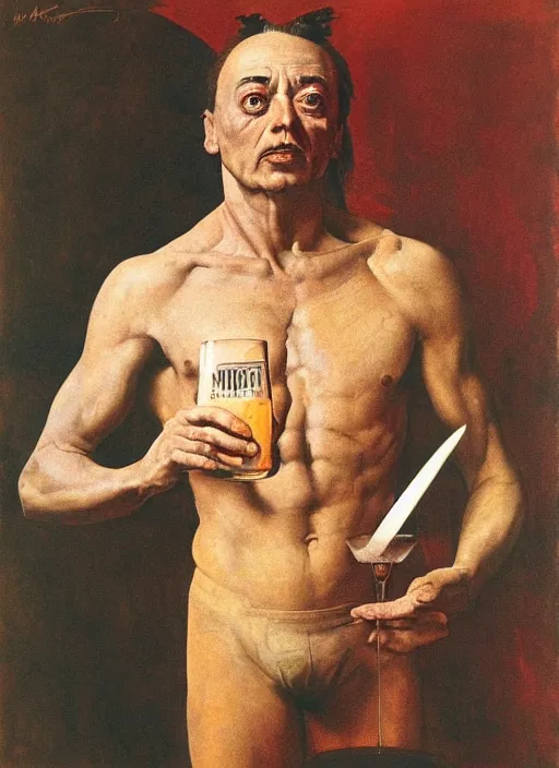 Prompt: upper body portrait of udo kier drinking a pint of moretti beer, by frank frazetta and lawrence alma-tadema and zdzislaw beksinski and norman rockwell and jack kirby