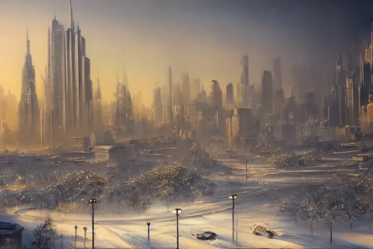 Image similar to a beautiful painting of a city in winter at dawn,jim burns trending on artstation, 4k