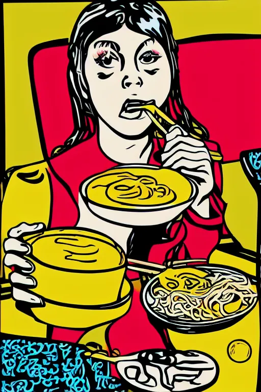 Image similar to a girl eating ramen in the style of modern pop art