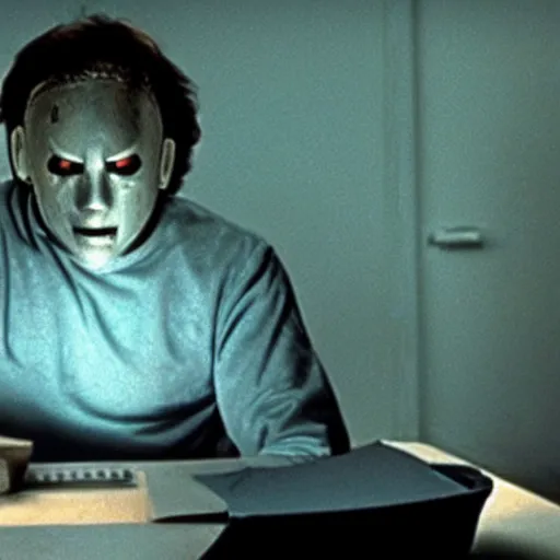 Image similar to Michael Myers learns to code. Movie still, realistic, grainy.