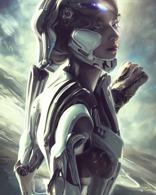 Image similar to beautiful android girl on a mothership, warframe armor, pretty face, scifi, futuristic, galaxy, raytracing, dreamy, perfect, digital painting, long white hair, blue cyborg eyes, sharp focus, intricate, highly detailed, artstation, intricate, innocent, art by gauthier leblanc, kazuya takahashi, huifeng huang