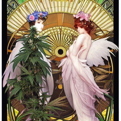 Prompt: hyper realistic, two beautiful and proud pigeon birds, majestic art-nouveau dank cannabis trees, by Range Murata and Mucha