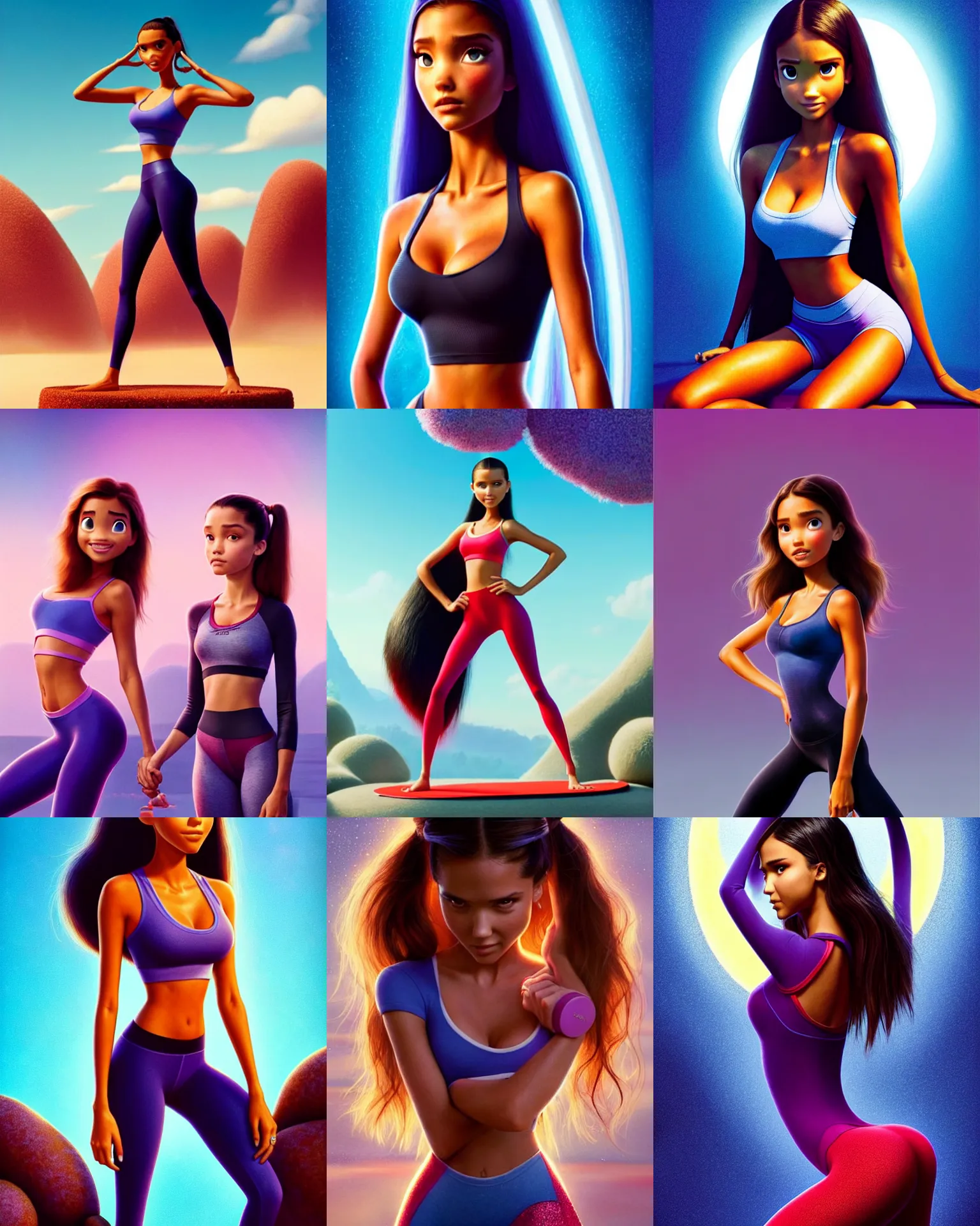 Prompt: striking disney pixar movie still portrait photo of [ jessica alba x madison beer x adriana lima ] : : as yoga woman by pixar : : by weta, greg rutkowski, wlop, ilya kuvshinov, rossdraws, artgerm, maxim cover, unreal engine, sweaty, glitter, thin tights, morning, anime, : :