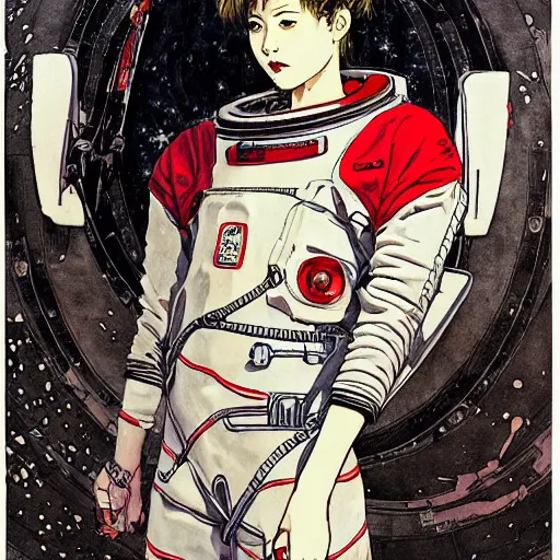 Image similar to portrait of female demon naraka astronaut painted in miyazaki color style drawn by katsuhiro otomo and takato yamamoto, high detail, intricate linework, sharp, monster face, perspective, manga and anime