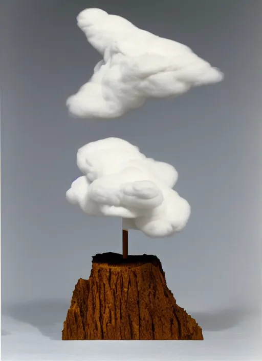 Prompt: realistic photo of a scientific model of white cloud made of white clay, mounted to a wooden stick, front view 1 9 9 0, life magazine reportage photo, metropolitan museum photo