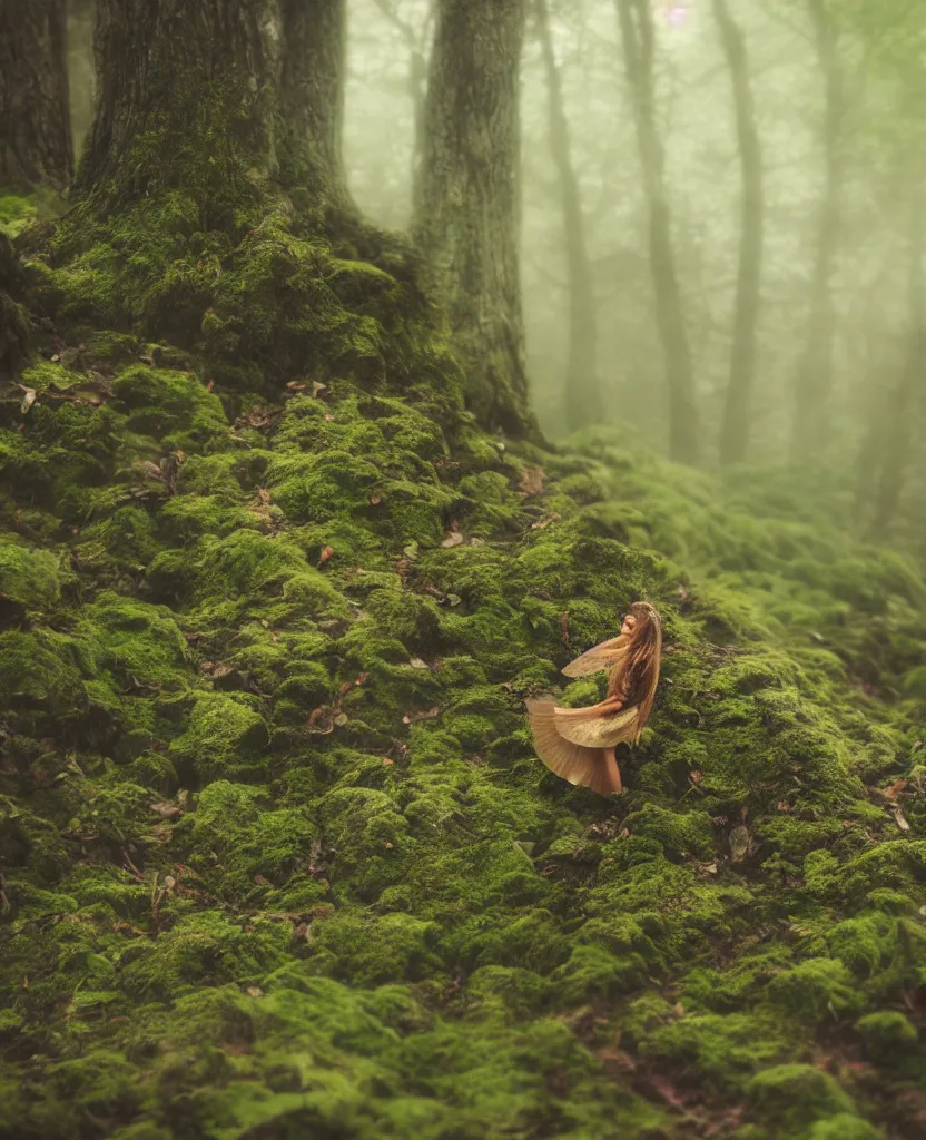 Prompt: dartmoor forest, cute female moth winged sprite creature, near camera, cinematic, bloom, cinematography, fog, magical