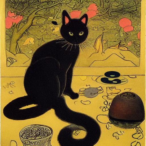 Image similar to cat full body by susan herbert and hiroshige ii and theophile steinlen and min zhen and pierre bonnard and louis wain and arthur rackham, 8 k, artstation