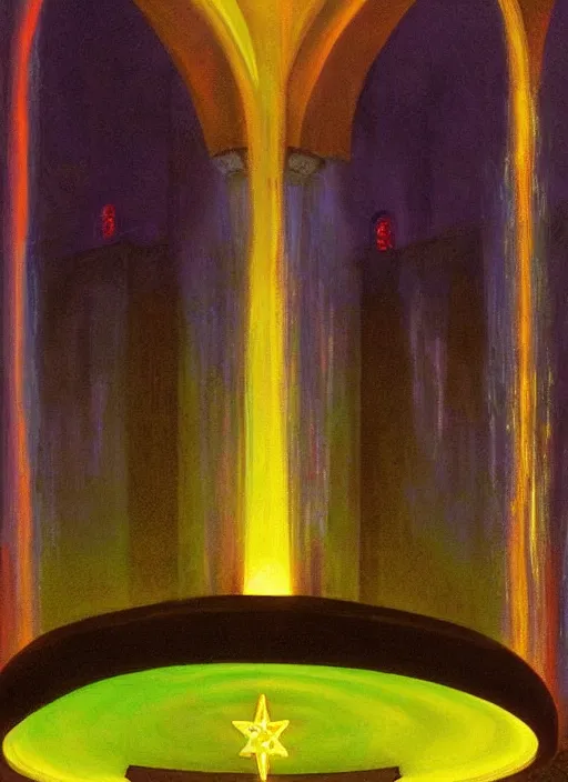 Image similar to florescent waterfall in a church interior with pentacle neon lights painted by Edward Hopper and James Gilleard