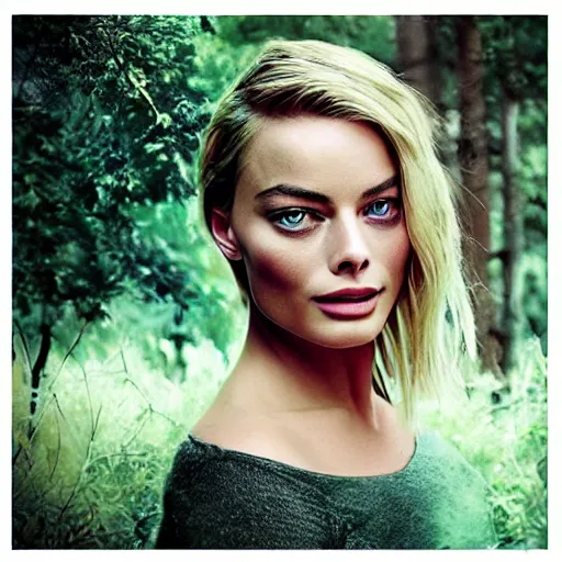 Image similar to double exposure photoshop effect of margot robbie and nature, highly detailed