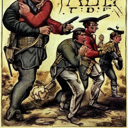 Prompt: Fred Flintstone and Barney Ruble committing war crimes, Napoleonic-era propaganda art