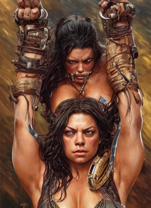 Image similar to exhausted Mila Kunis as a very muscled rugged looking Amazon, dirty, sweating, intricate, elegant, highly detailed, artstation, concept art, sharp focus, art by artgerm and donato giancola and Joseph Christian Leyendecker, WLOP