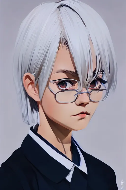 Prompt: a cute girl with cut to shoulder white hair wearing school uniform, strong brush stroke, sharp focus, illustration, morandi color scheme, art station, by ilya kuvshinov