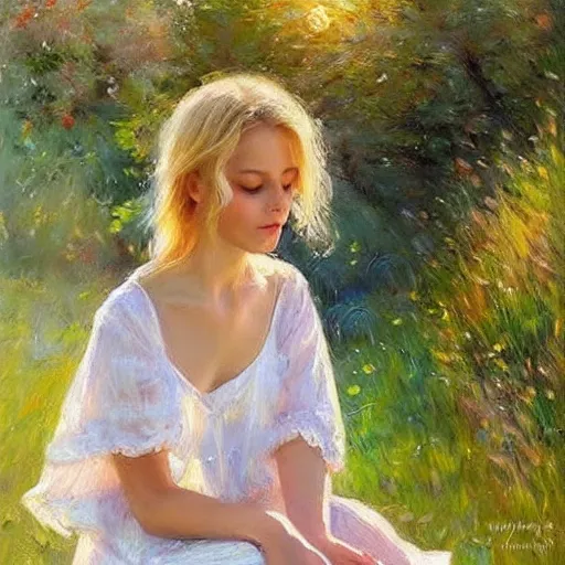 Image similar to blonde woman, nightgown, swedish countryside, archipelago, morning, masterpiece, highly detailed, beautiful, atmospheric, impressionism, painting by Vladimir Volegov