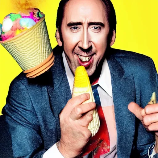 Prompt: nic cage excited about eating colorful ice creams