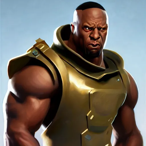 Image similar to greg manchess portrait painting of fully armored the foundation aka dwayne the rock from fortnite as overwatch character, medium shot, asymmetrical, profile picture, organic painting, sunny day, matte painting, bold shapes, hard edges, street art, trending on artstation, by huang guangjian, gil elvgren, ruan jia, greg rutkowski, gaston bussiere