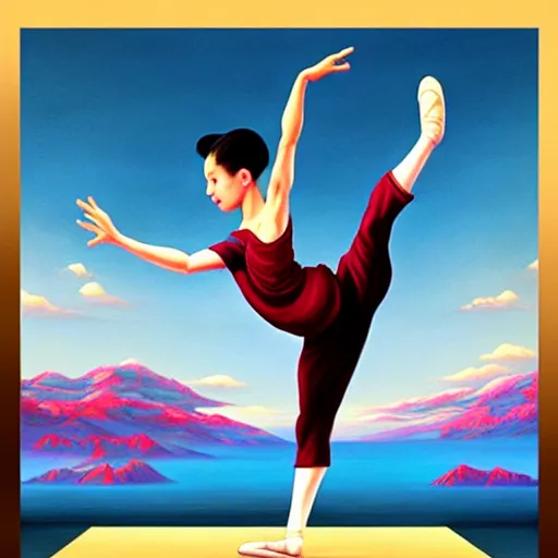 Image similar to a beautiful scenic painting of young jackie chan dancing ballet, by artgerm and wlop and wes anderson and spike jonze