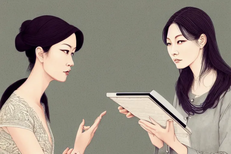 Image similar to portrait of two wise and very beautiful women discussing some texts appearing in a computer screen, art by fuji choko, intricate, elegant, highly detailed, smooth, sharp focus, artstation