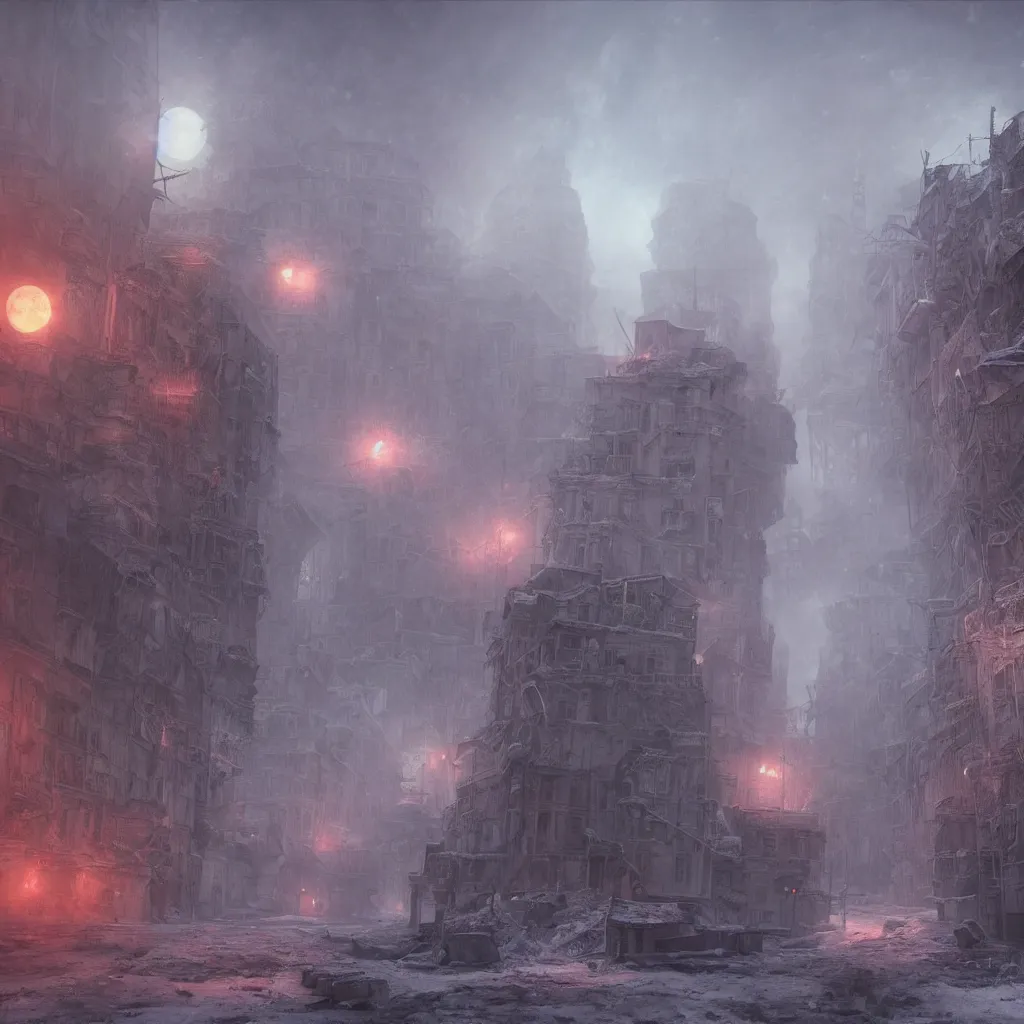 Image similar to a ruined city in the style of aetherpunk, a snowy street, huge red moon, global illumination, smoke, detailed and intricate environment, mysterious