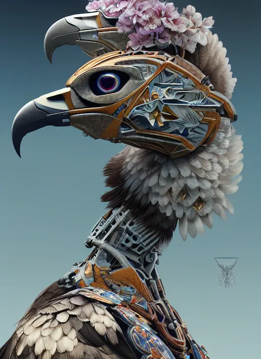 Image similar to symmetry!! portrait of a hybrid robot bird eagle, floral! horizon zero dawn machine, intricate, elegant, highly detailed, ray tracing, digital painting, artstation, concept art, smooth, sharp focus, illustration, art by artgerm and greg rutkowski and alphonse mucha, 8 k