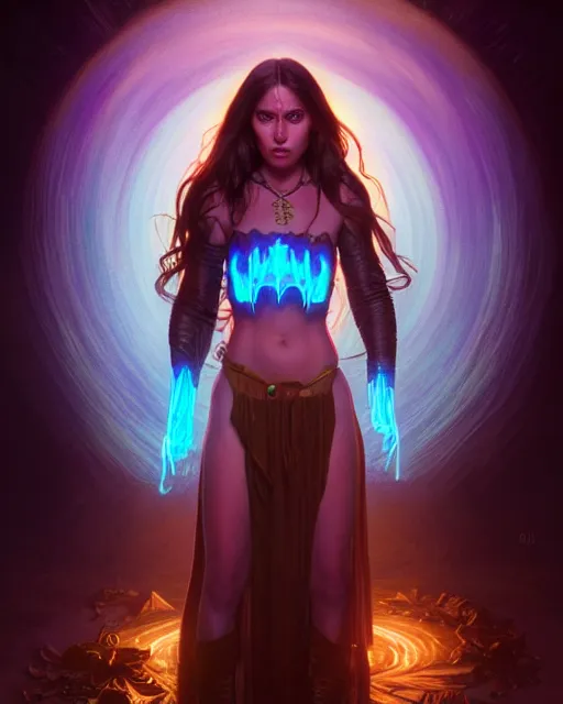 Prompt: epic fantasy render portrait of a beautiful bioluminescent woman with glowing eyes, dark retrowave, highly detailed, digital painting, cinematic, hyperrealism, rpg portrait, dynamic lighting, art by stefan kostic and magali villeneuve and alphonse mucha, artstation, octane render, cgsociety