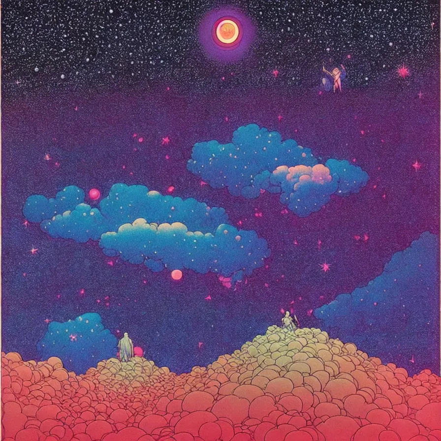 Prompt: ( ( ( ( beautiful starry sky and cloud and forest ) ) ) ) ) by mœbius!!!!!!!!!!!!!!!!!!!!!!!!!!!, overdetailed art, colorful, record jacket