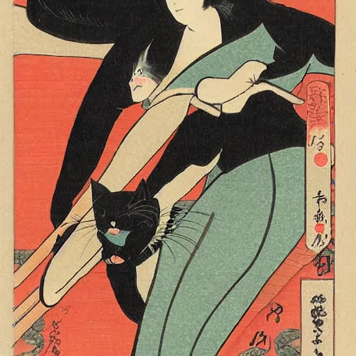 Prompt: cat woman sneak ukiyo - e style,