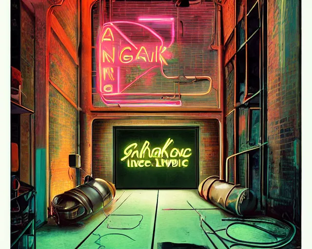 Image similar to An abandoned industial basement lit by a neon sign that says GAK, GAK sign, basement, painting by Syd Mead, cinematography by Robby Müller