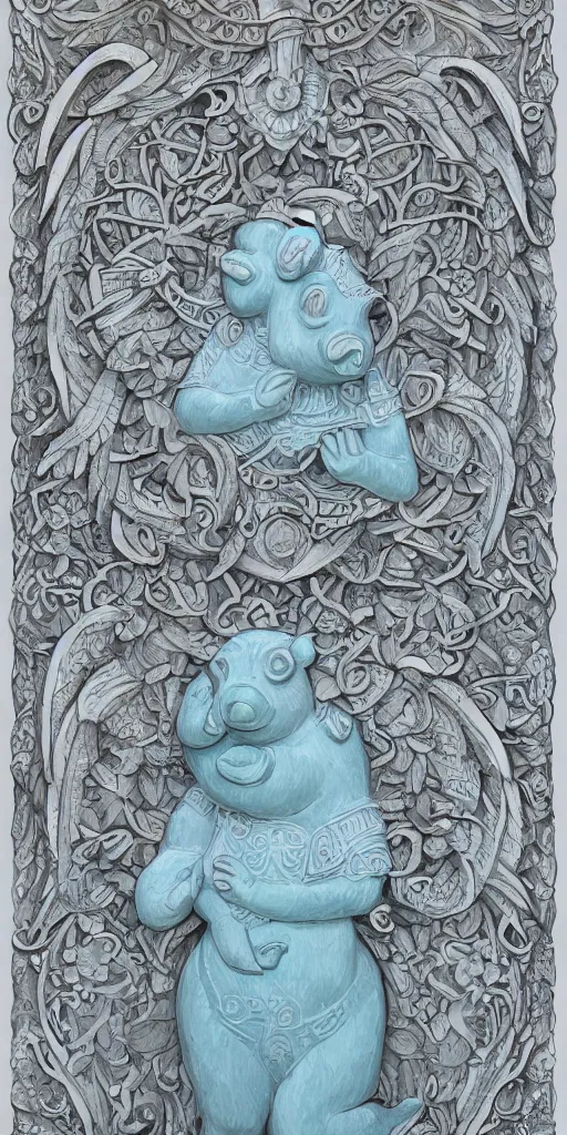 Image similar to intricate colourfully painted carved Soapstone relief paneling, white and pale blue , celestial, pig, piglet, piggy, pig goddess, mother earth, Earth Goddess mythology, Gaia, angels, divinity, Ghostly, crystaline celtic, insanly detailed , artstation, wallpaper, hyper realistic, realistic lighting