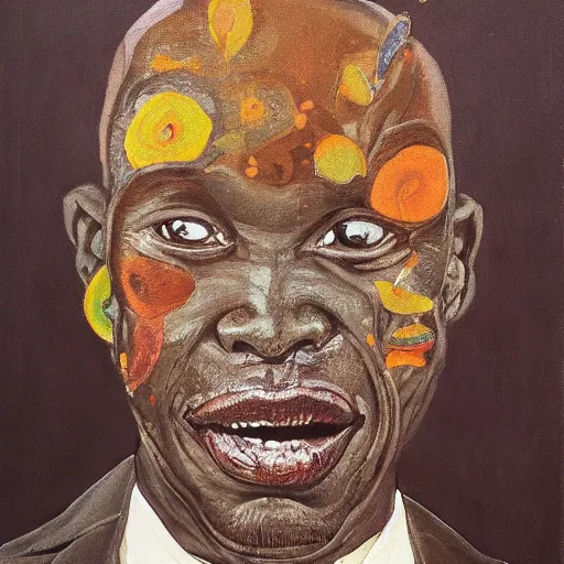 Prompt: a painting of a lovely father with wide forehead, round face, XXL , loving, caring, generous, ever-present, humble, wise elder from Kenya in a suit by Wangechi Mutu . Fatherly/daddy, focused, loving, leader, relaxed,. ethereal lights, details, smooth, sharp focus, illustration, realistic, cinematic, artstation, award winning, rgb , unreal engine, octane render, cinematic light, macro, depth of field, blur, red light and clouds from the back, highly detailed epic cinematic concept art CG render made in Maya, Blender and Photoshop, octane render, excellent composition, dynamic dramatic cinematic lighting, aesthetic, very inspirational, arthouse.