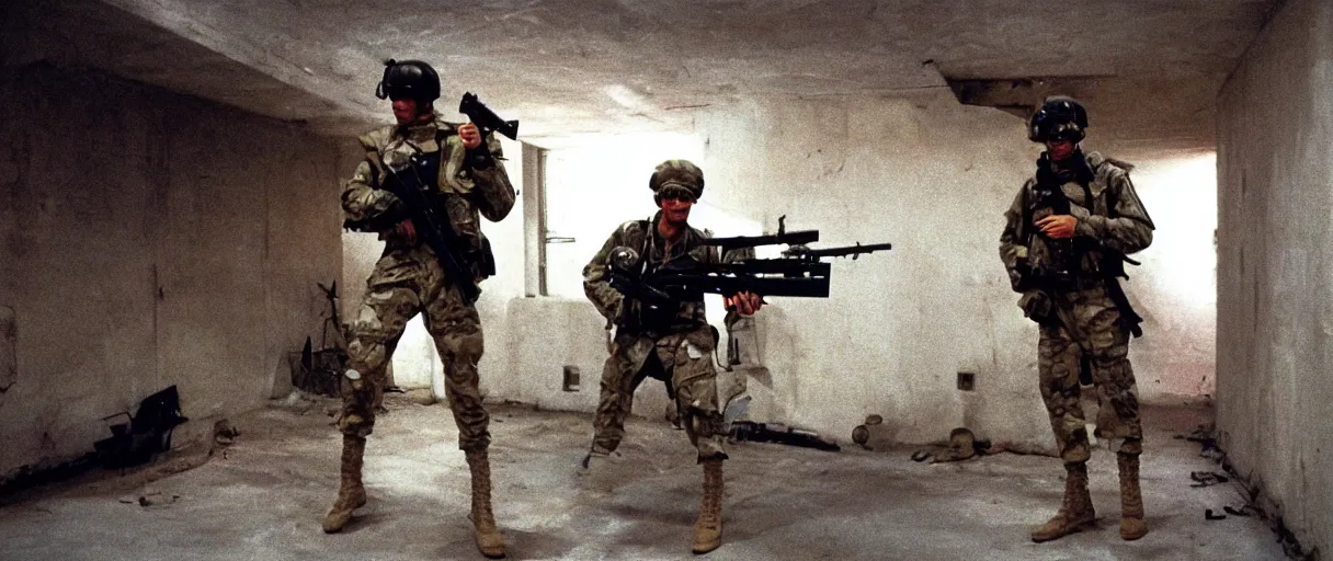 Prompt: filmic extreme wide shot dutch angle movie still 4k UHD 35mm film color photograph of a soldier wearing a 1982 us military outfit shooting an AK-47 toward the camera with a terrified look on his face, inside of a military bunker, in the style of a 1980s action film