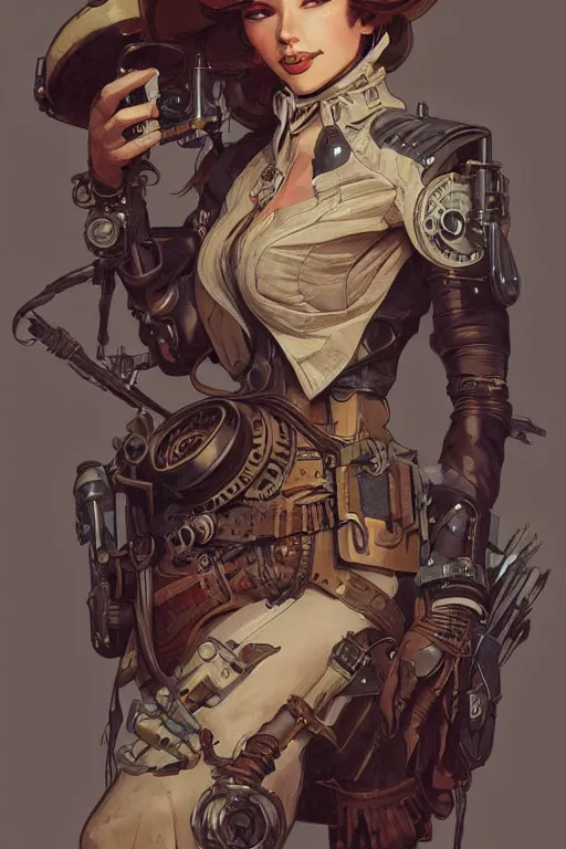 Prompt: steampunk half - cyborg, western gunslinger, smooth, sharp focus, illustration, highly detailed, digital painting, artstation, concept art, by disney animation, rossdraws, alphonse mucha, frank fanzzeta, collectible card art