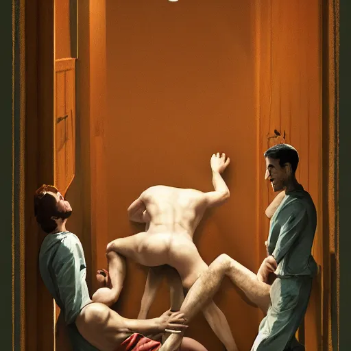 Prompt: poster for a short liminal film called'liminal'about four male roommates that find a tiny hidden door. movie poster, advertisement, renaissance painting, sharp, high detail, trending on artstation, cinematic