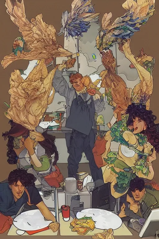 Image similar to a group of software engineers eat chicken sandwiches at their desks, by artgerm and moebius and alphonse mucha, hyperdetailed, dc comics, explosions in the sky, trending on deviantart